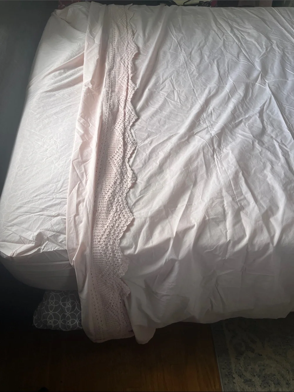 Anthropologie Pale Pink Cotton Queen Sheet Set with Crochet Lace Trim